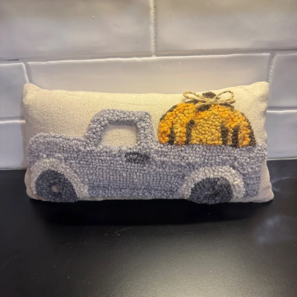 Punch Needle Pumpkin Truck Decorative Pillow Small Grey Orange Farmhouse Fall